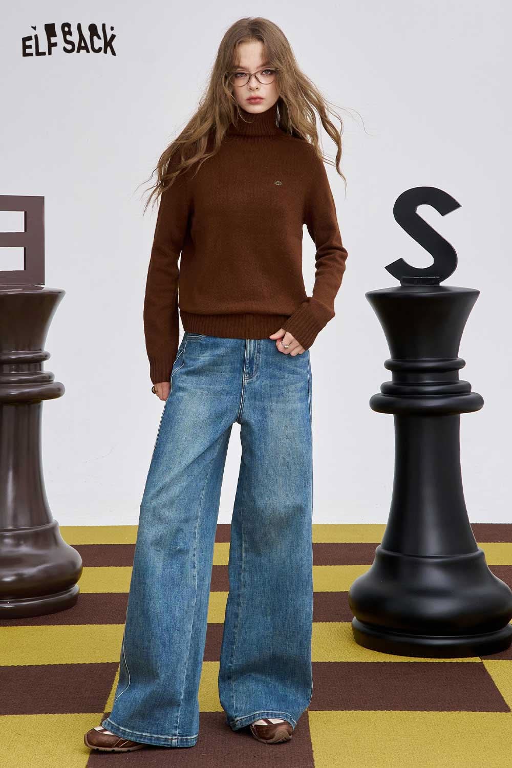 ELFSACK women's high neck knit sweater in brown, styled with wide-leg jeans for a trendy look