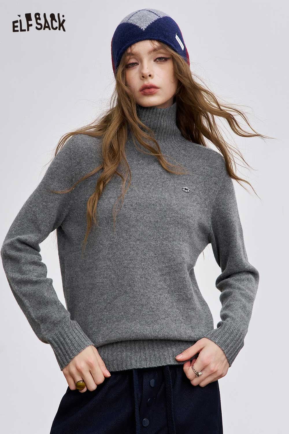 ELFSACK women's high neck knit sweater in grey, perfect for cozy winter styling