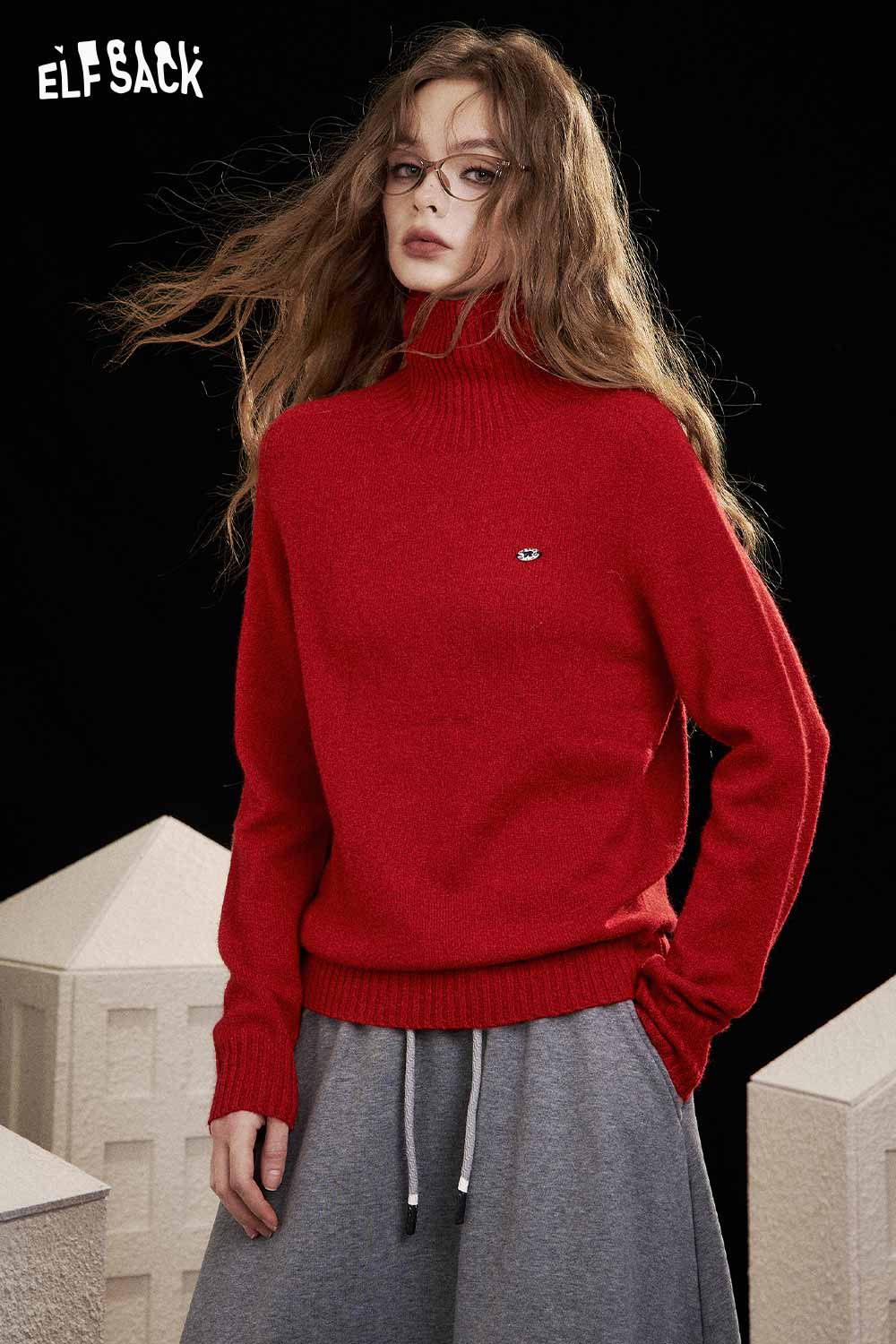 ELFSACK women's high neck knit sweater in red with ribbed cuffs and a relaxed fit