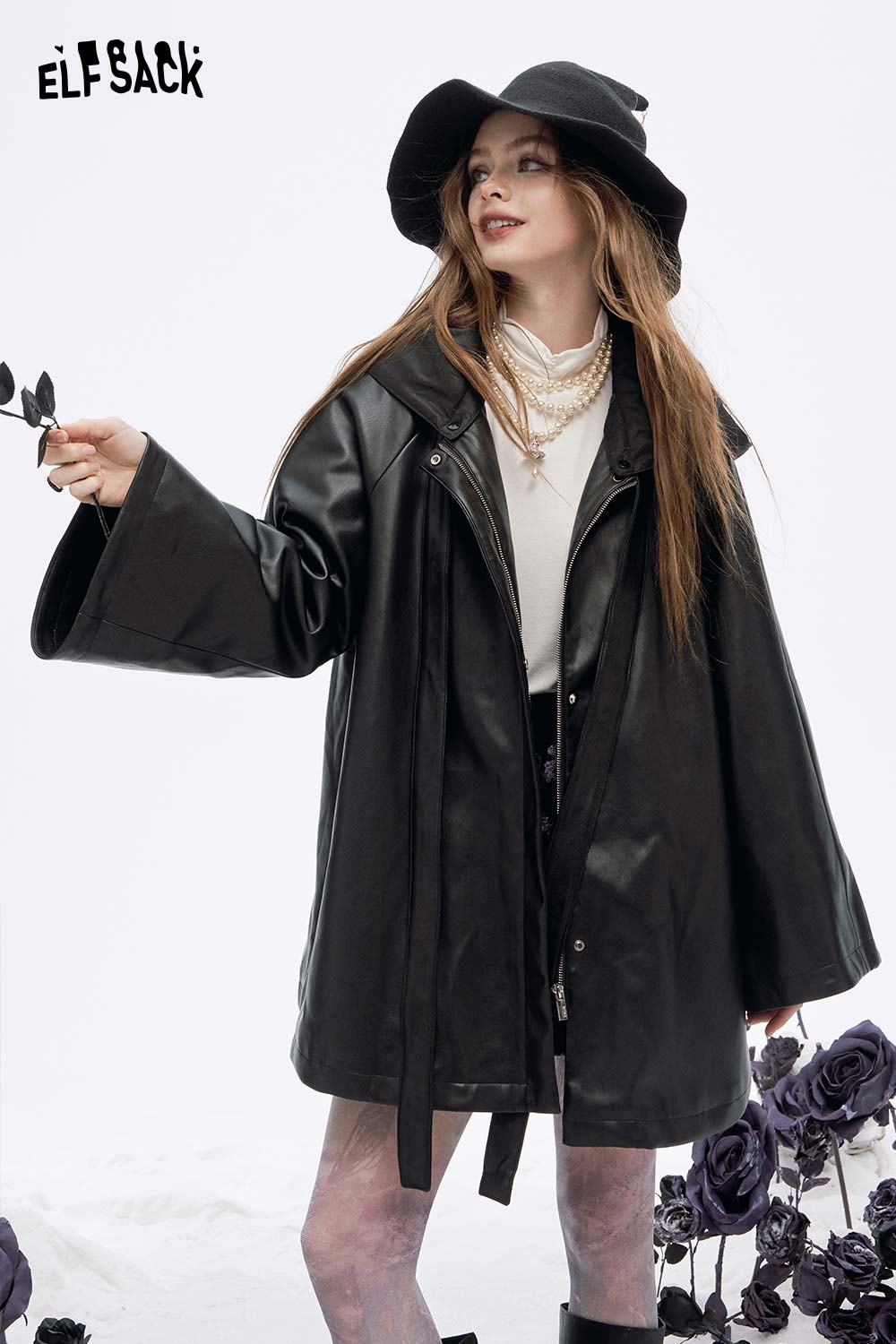 ELFSACK women's high neck pearl t-shirt paired with a stylish black jacket and hat