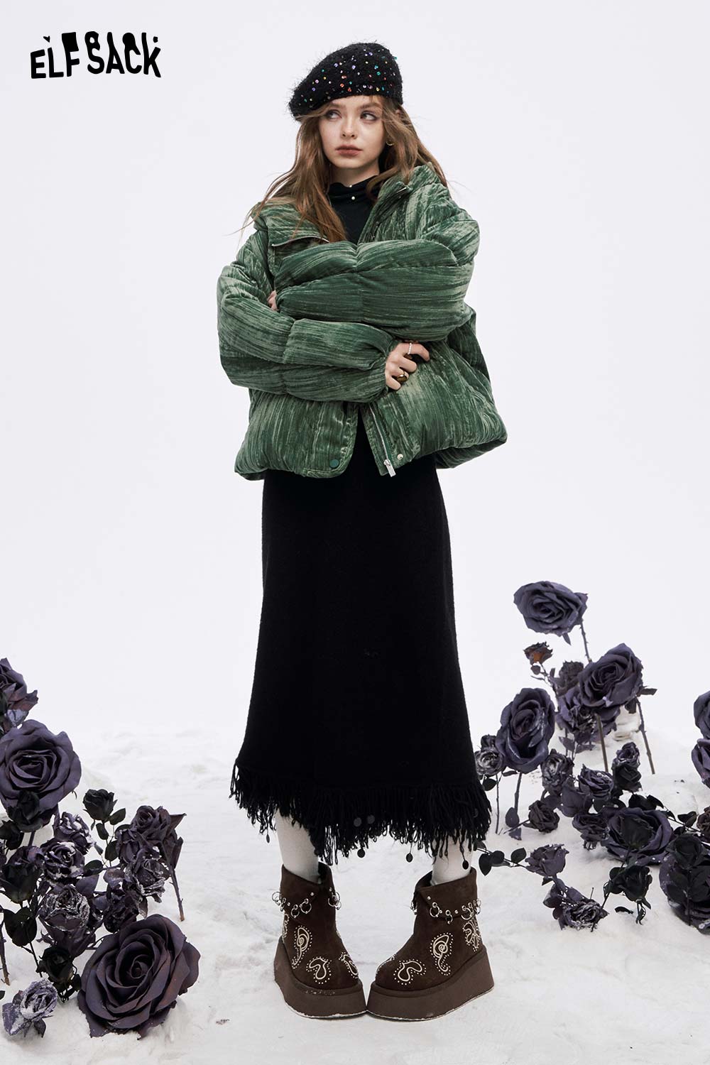 ELFSACK women's high neck pearl t-shirt styled with a green jacket and black skirt