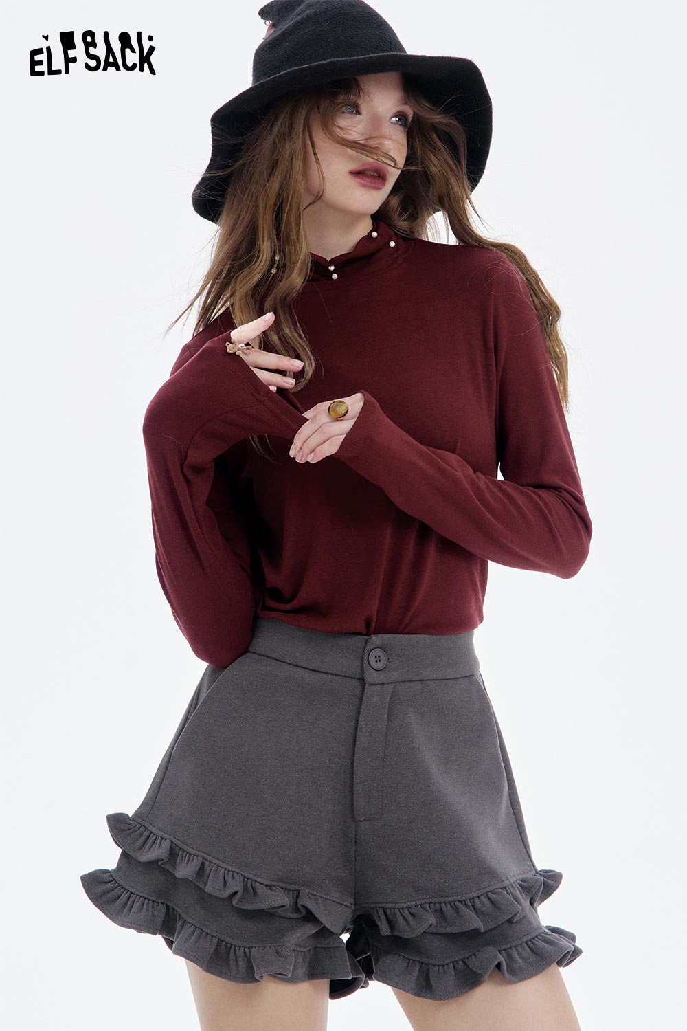 ELFSACK women's high neck pearl t-shirt in burgundy paired with stylish ruffled shorts
