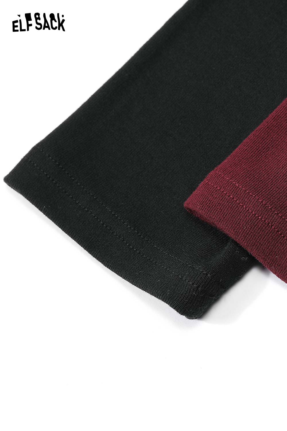 Close-up of sleeves of ELFSACK women's high neck pearl t-shirt in black and burgundy colors
