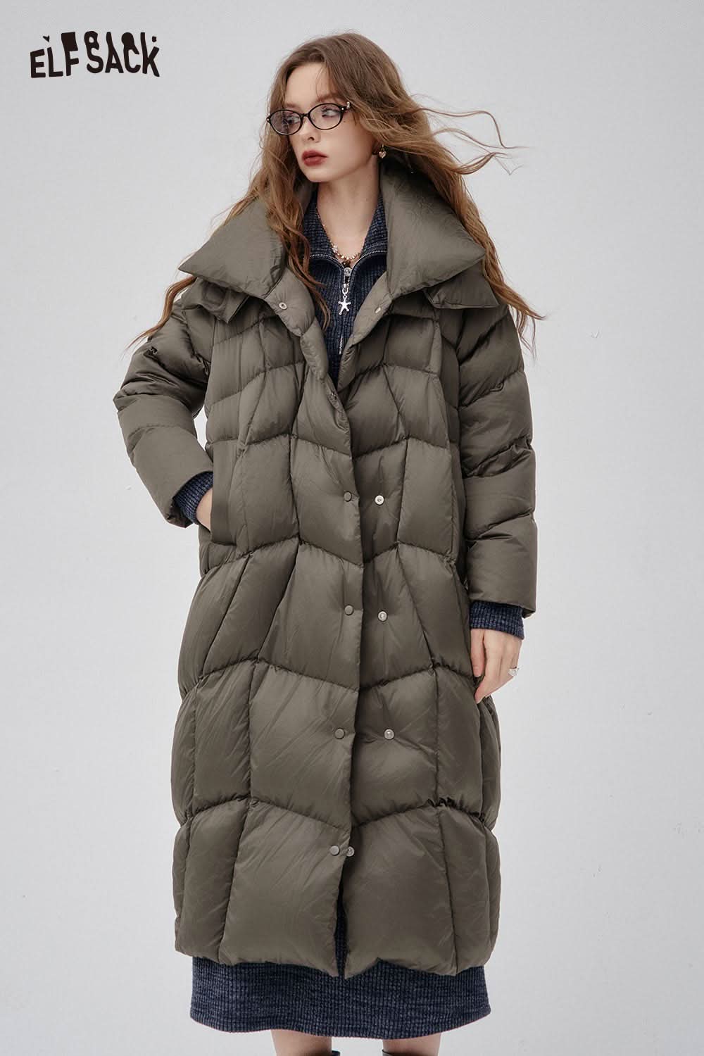 ELFSACK women's high neck puffer jacket in olive green with a stylish quilted design
