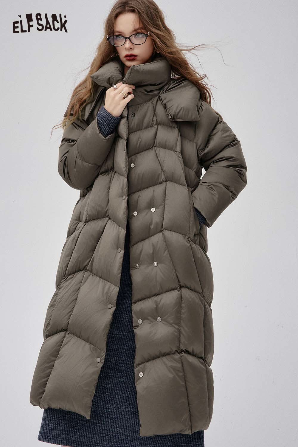 ELFSACK women's high neck puffer jacket in olive green with a long silhouette and stylish padded design
