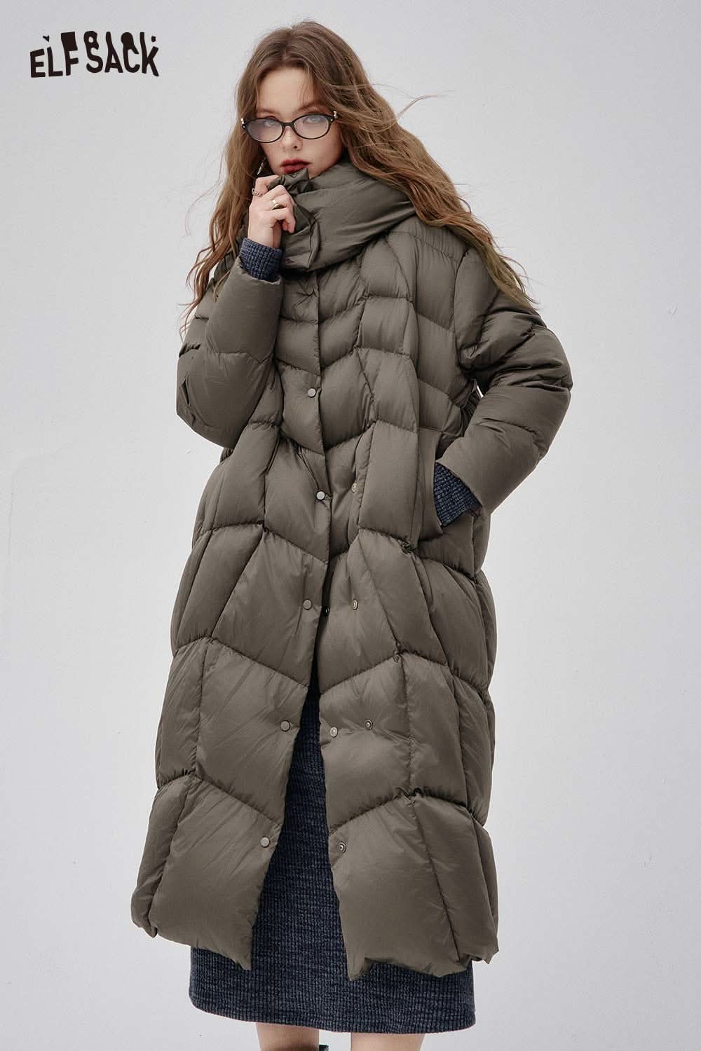ELFSACK women's high neck puffer jacket in olive green with a long, quilted design for winter warmth