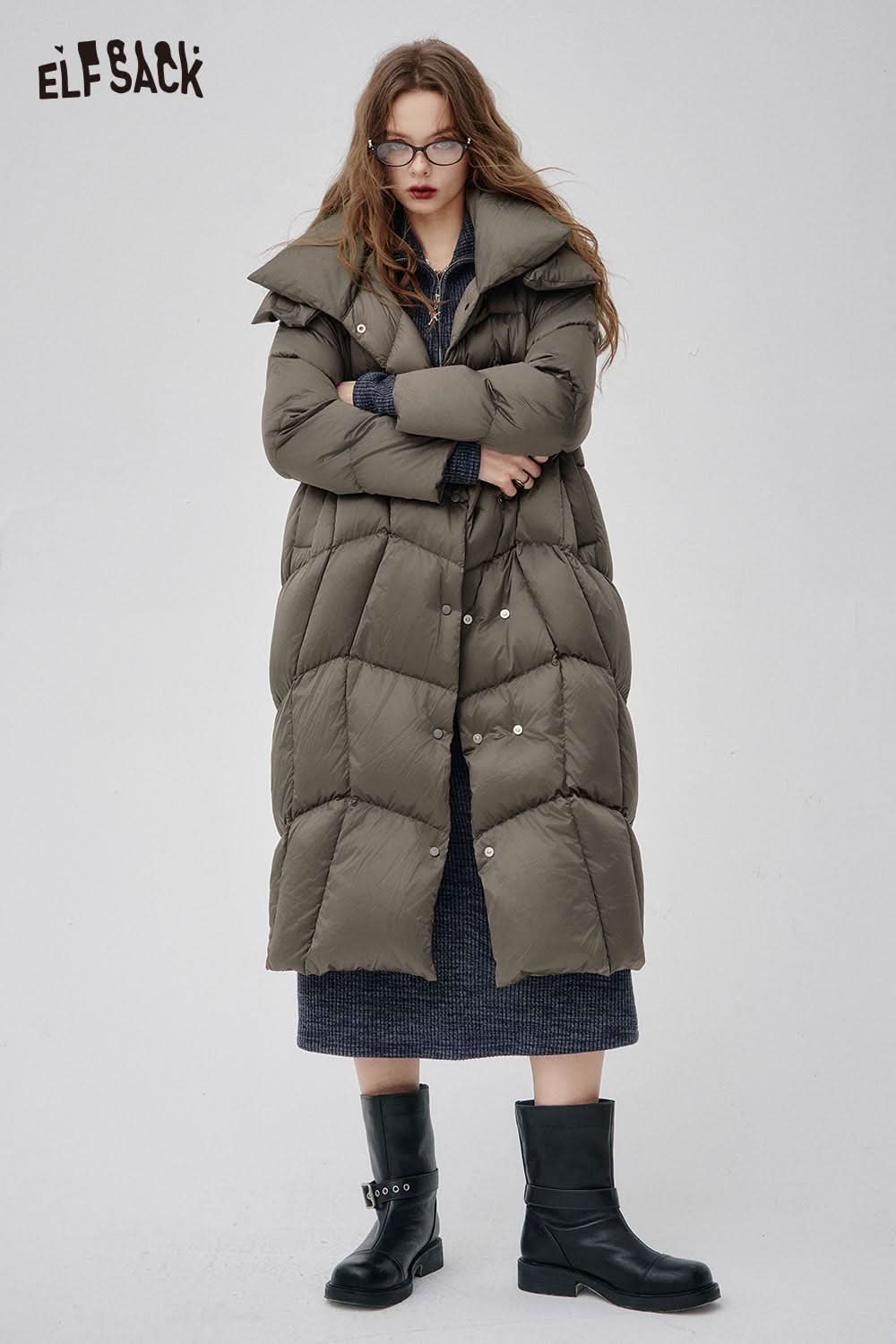ELFSACK women's high neck puffer jacket in olive green with a cozy oversized design