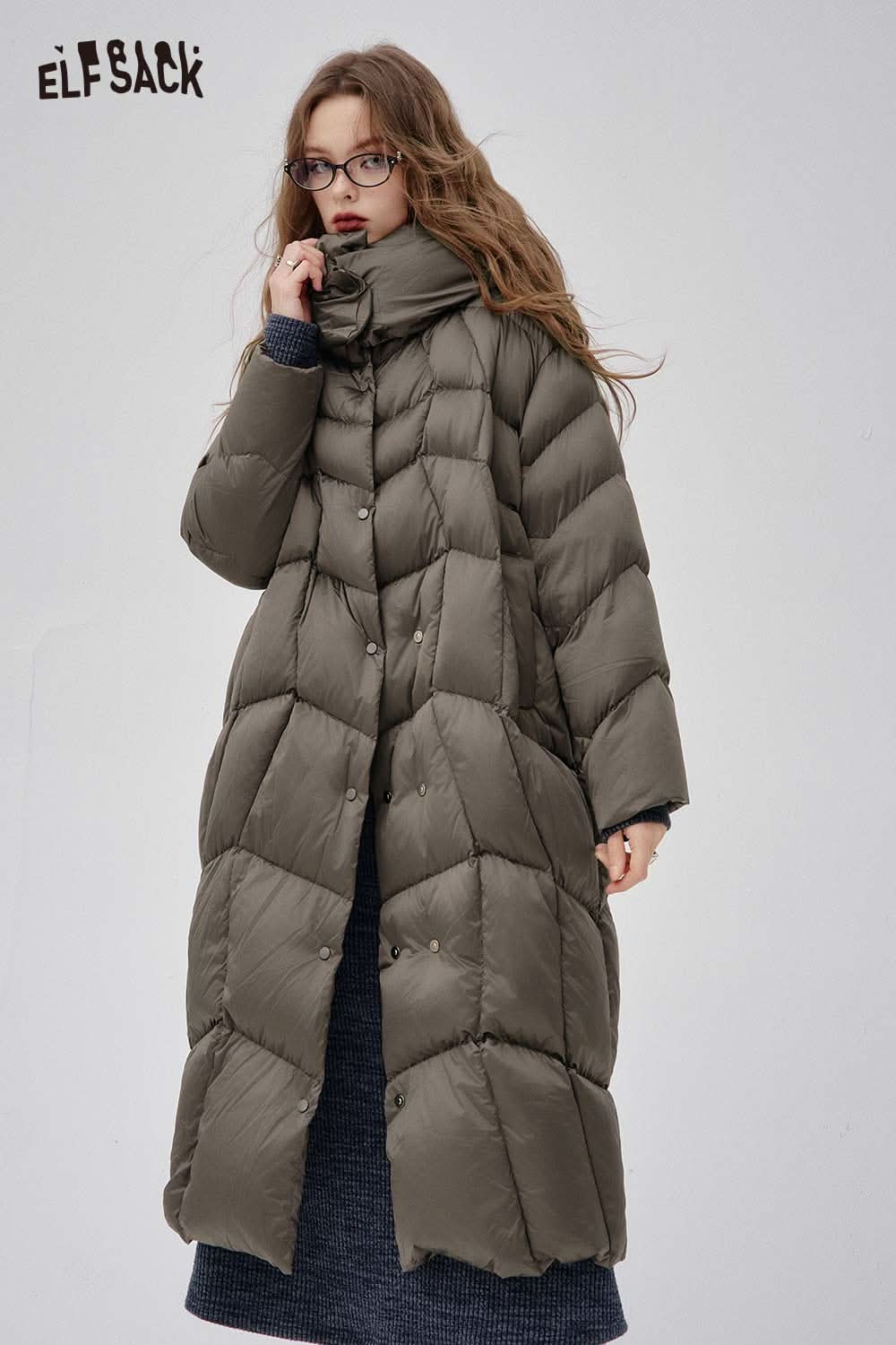ELFSACK women's high neck puffer jacket in olive green with a stylish oversized design