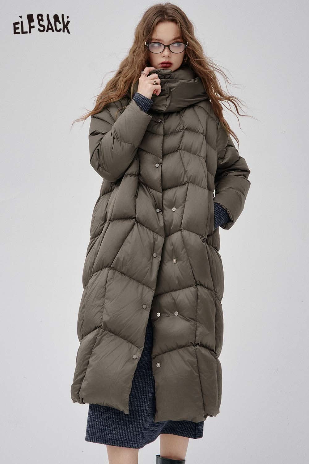 ELFSACK women's high neck puffer jacket in olive green featuring a stylish long design and cozy comfort