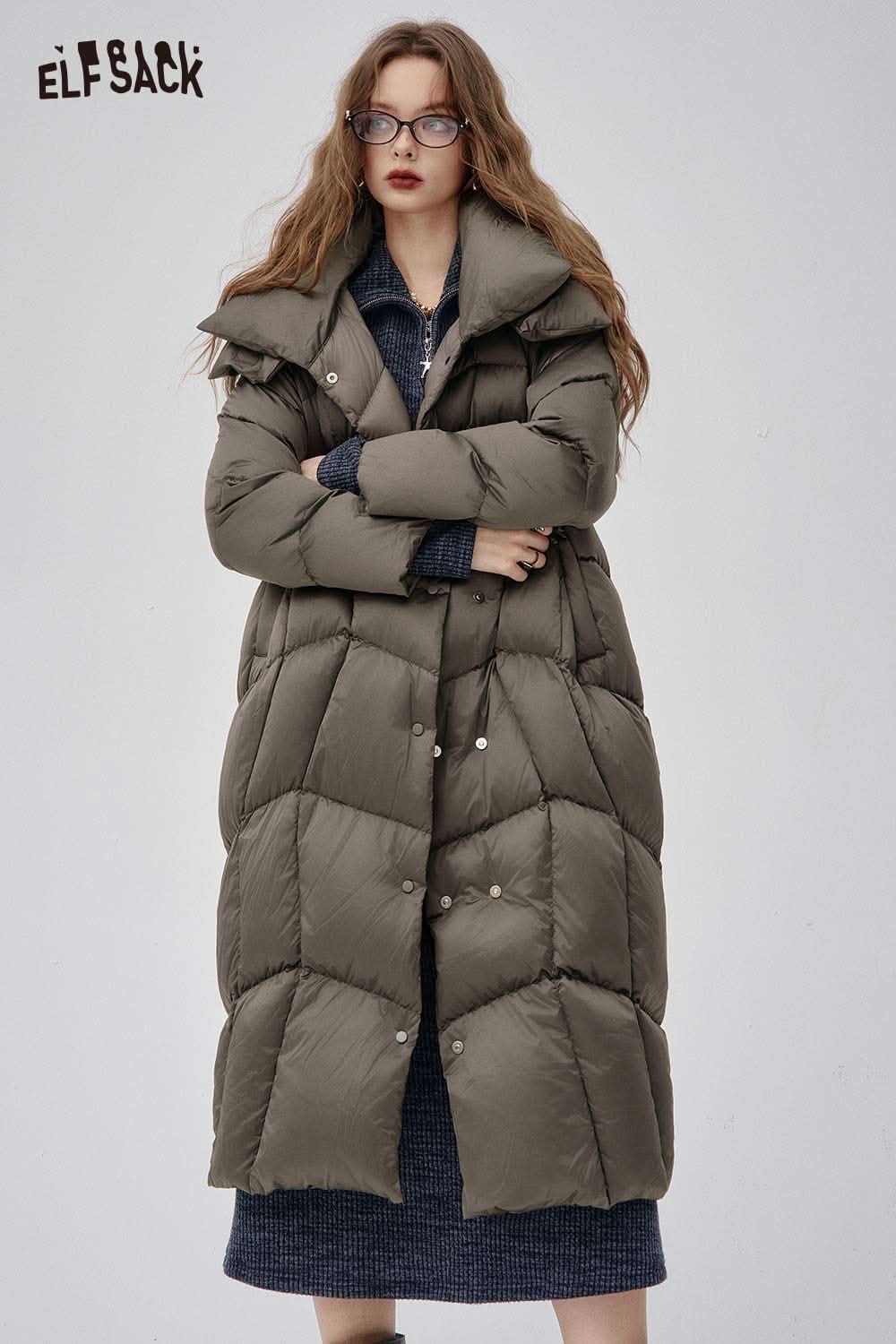 ELFSACK women's high neck puffer jacket in olive green with a stylish oversized fit and quilted design
