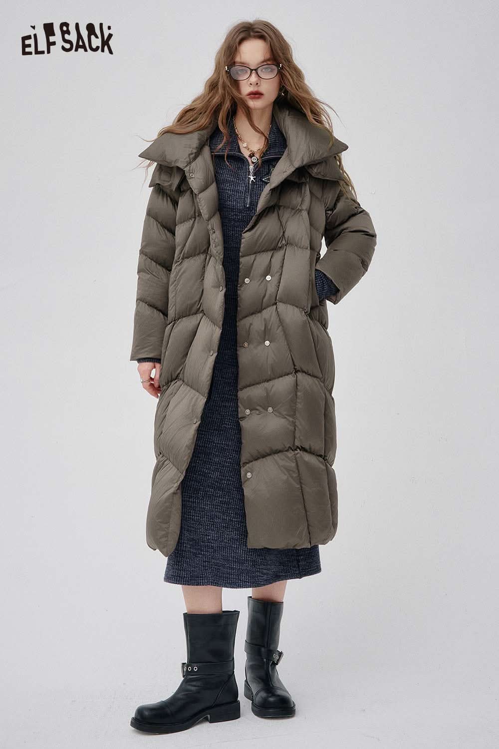 ELFSACK women's high neck puffer jacket in olive green with a long silhouette and stylish design