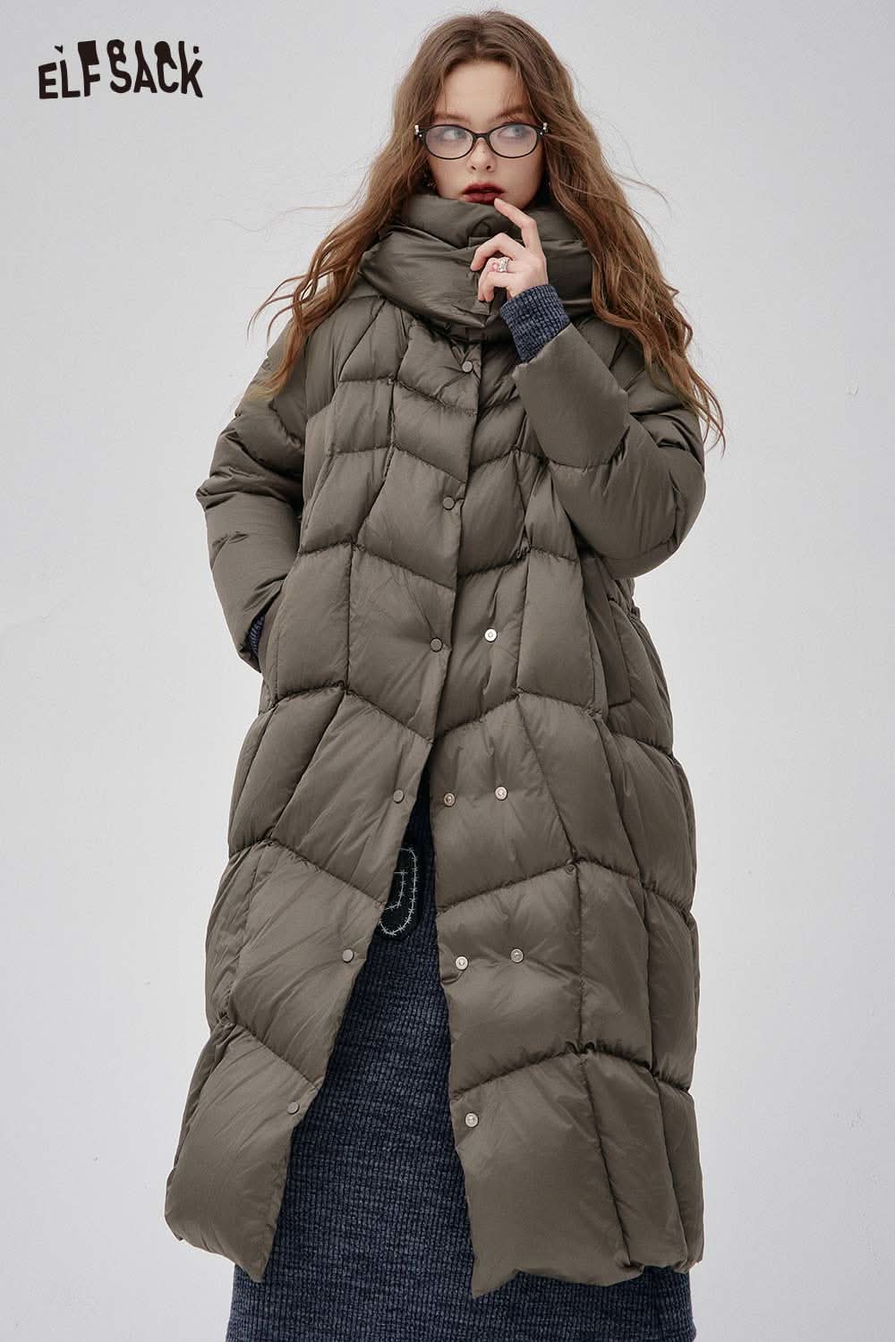 ELFSACK women's high neck puffer jacket in olive green with a stylish long design