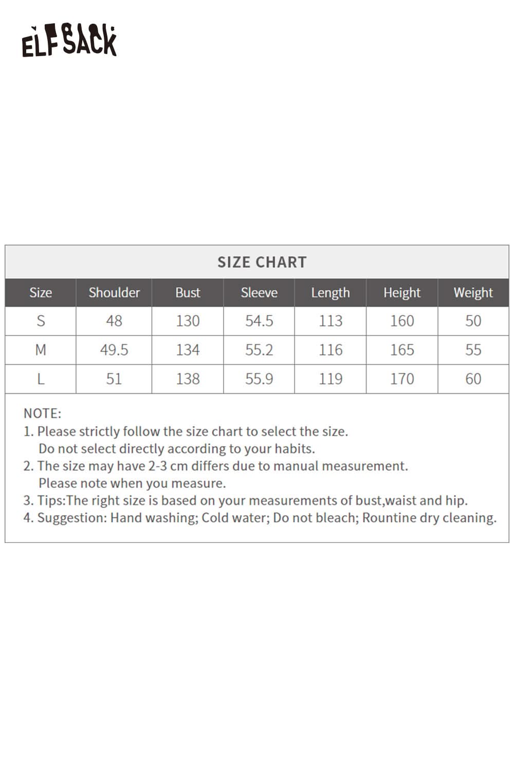 Size chart for ELFSACK women's high neck puffer jacket with measurements for small, medium, and large sizes