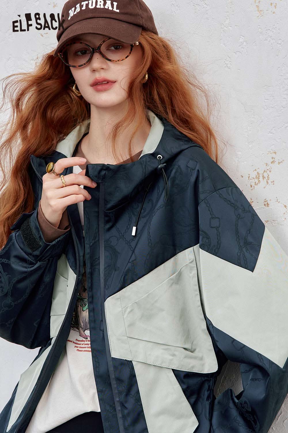 ELFSACK women's hooded bow jacket in stylish black and gray color combination for trendy looks