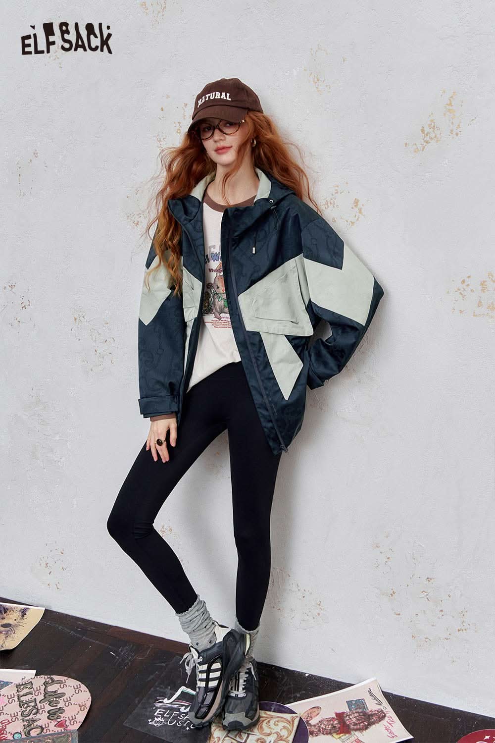 ELFSACK women's hooded bow jacket with contrasting colors and stylish design, perfect for casual outings