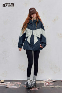 ELFSACK women's hooded bow jacket in navy and cream with a stylish oversized fit