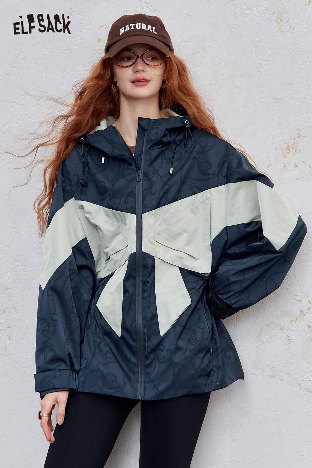 ELFSACK women's hooded bow jacket in navy and light gray with a stylish oversized fit