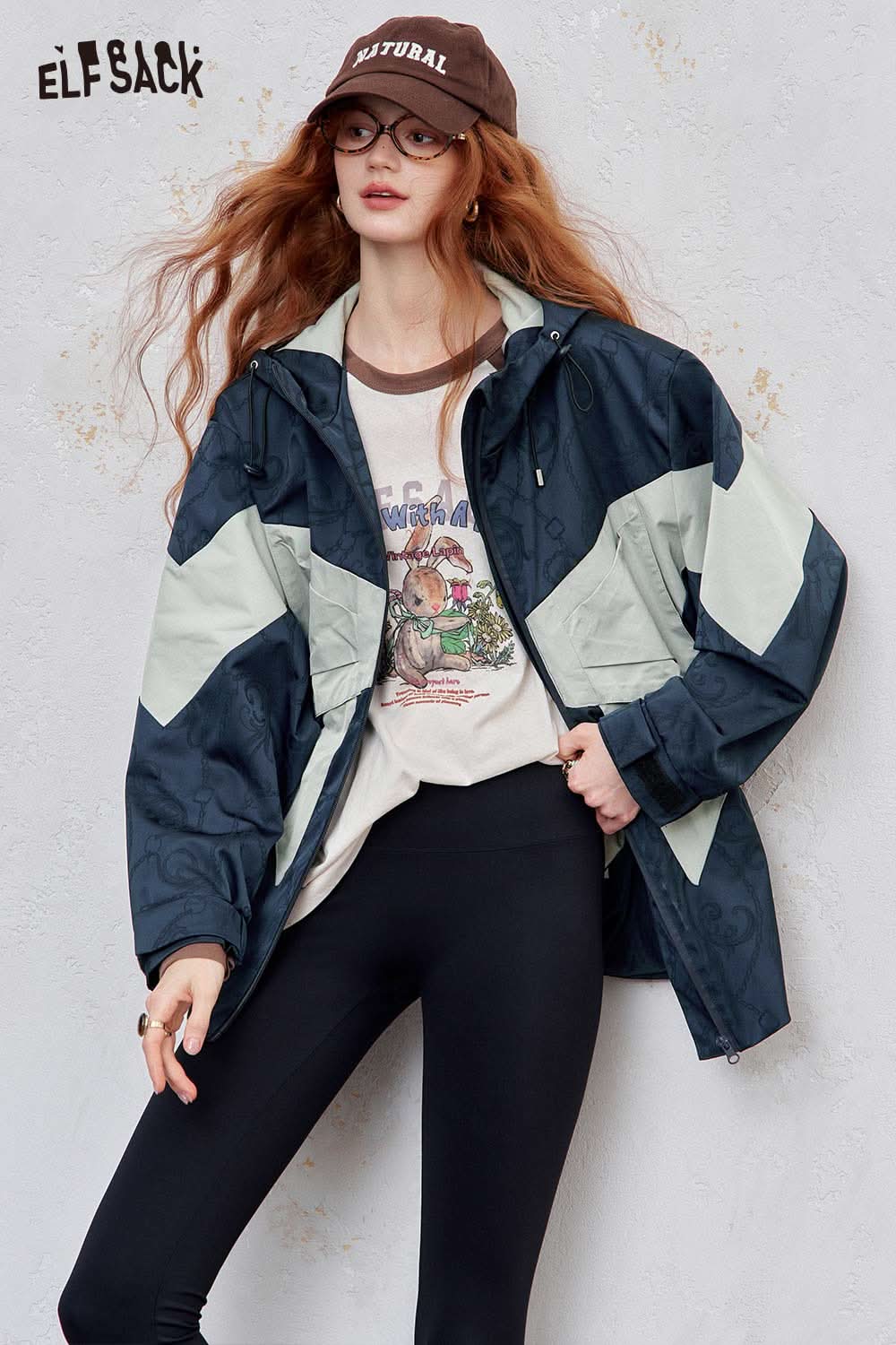 ELFSACK women's hooded bow jacket in navy and light green with stylish chevron pattern