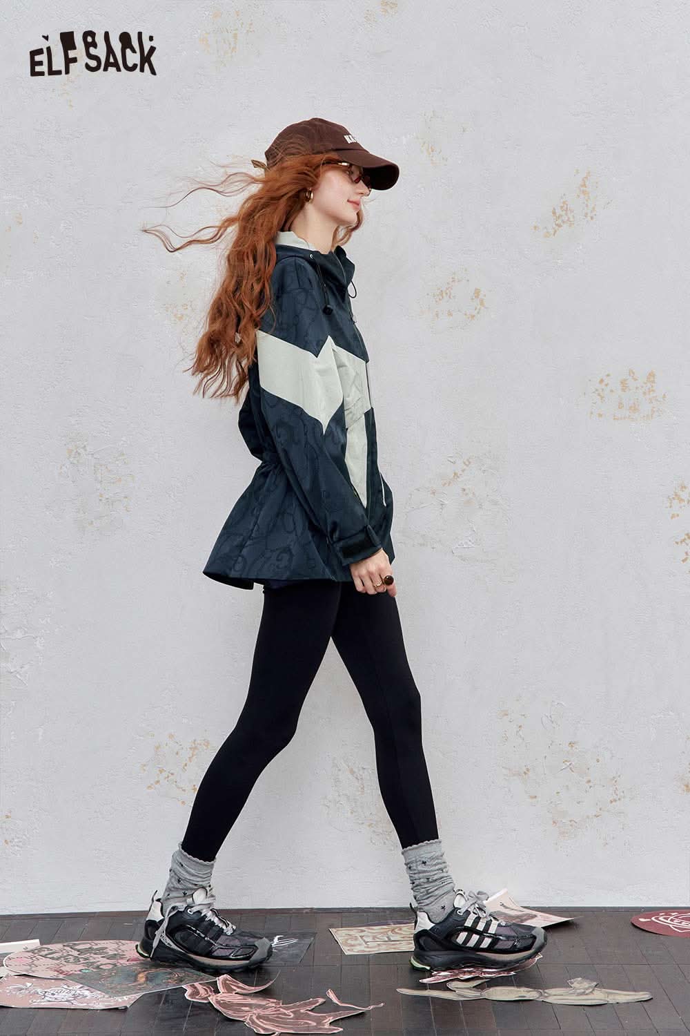 ELFSACK women's hooded bow jacket in navy with white accents, perfect for casual outdoor wear