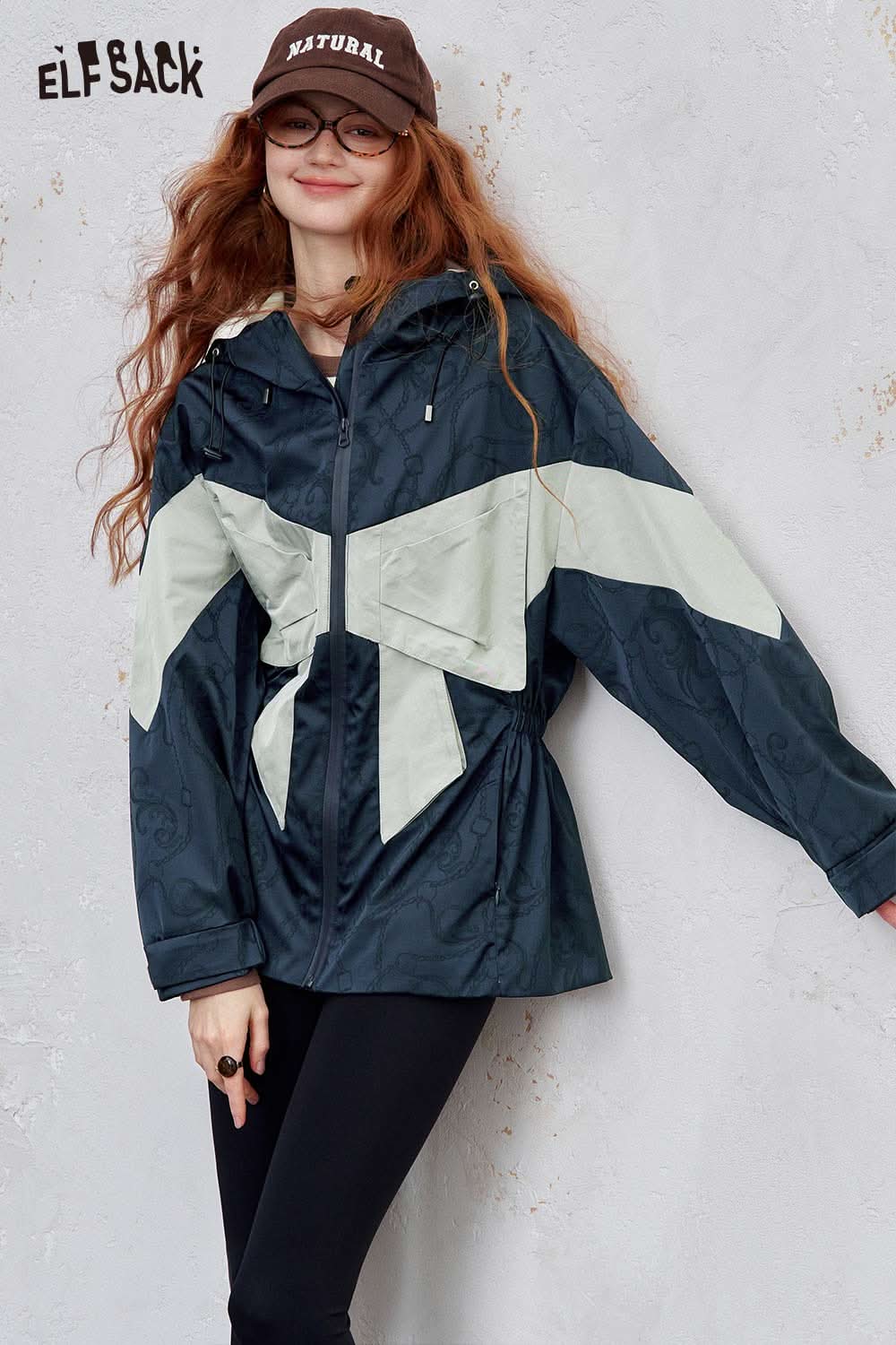 ELFSACK women's hooded bow jacket in navy and cream with a stylish bow design and functional pockets