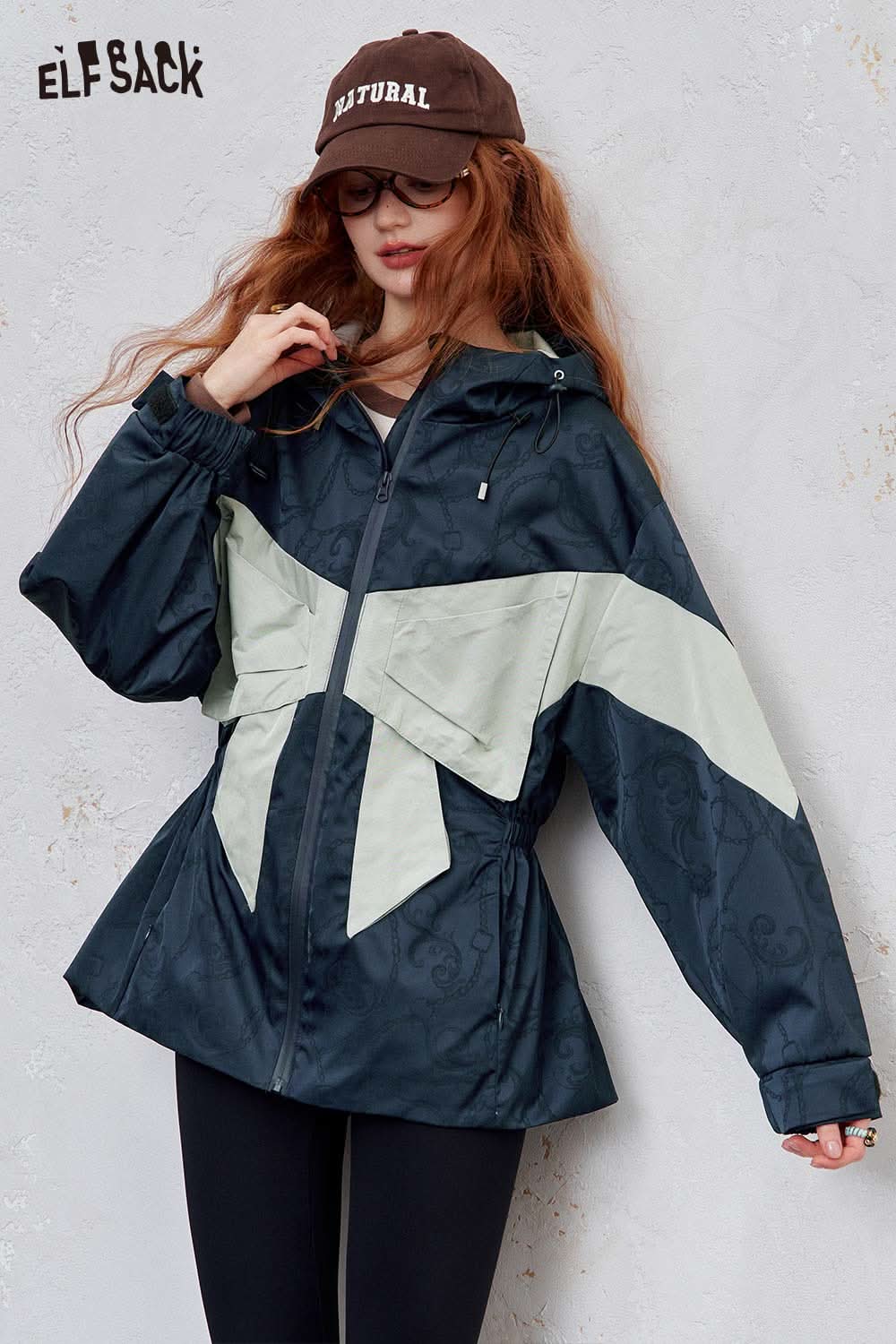 ELFSACK women's hooded bow jacket in navy with oversized fit and stylish bow detail