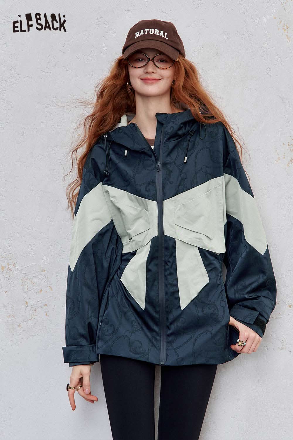 ELFSACK women's hooded bow jacket in navy with stylish design and functional features