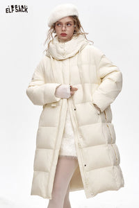 ELFSACK women's hooded down coat in cream color, featuring a long puffer design for warmth and style