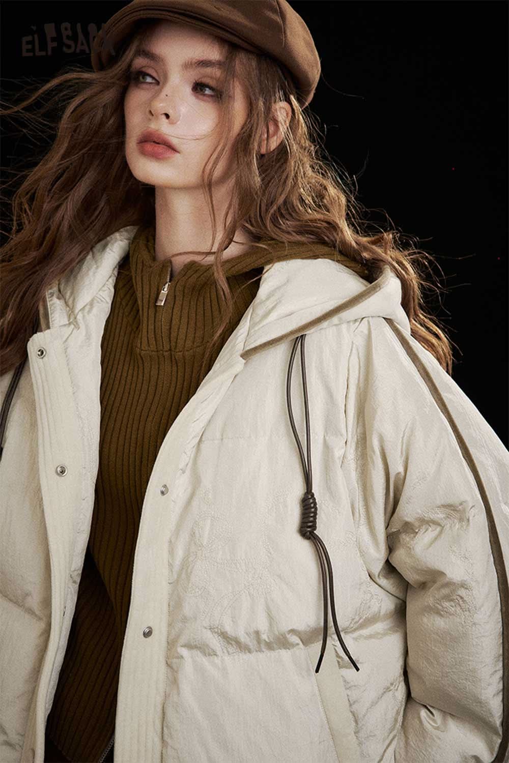 ELFSACK women's hooded down jacket in light beige, featuring adjustable drawstrings and a stylish design