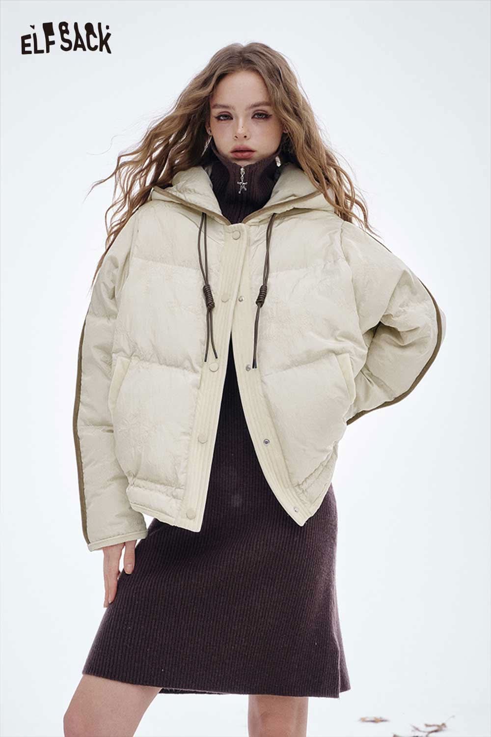 ELFSACK women's hooded down jacket in cream color with oversized fit and drawstring details