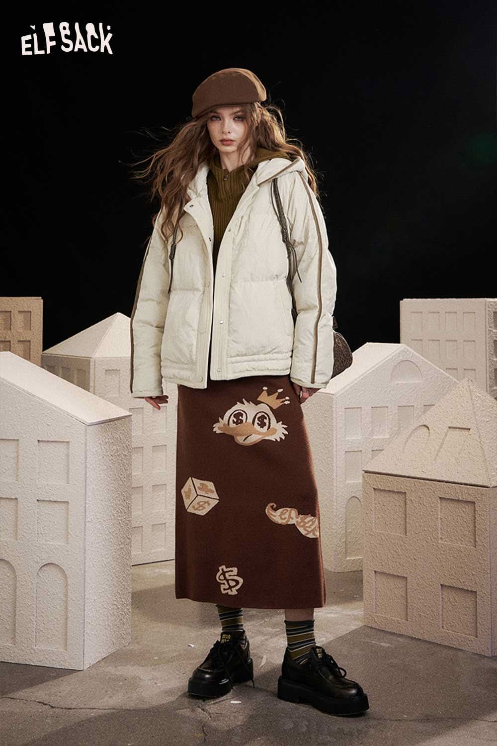 ELFSACK women's hooded down jacket in light color, styled with a brown skirt and hat for a chic winter look