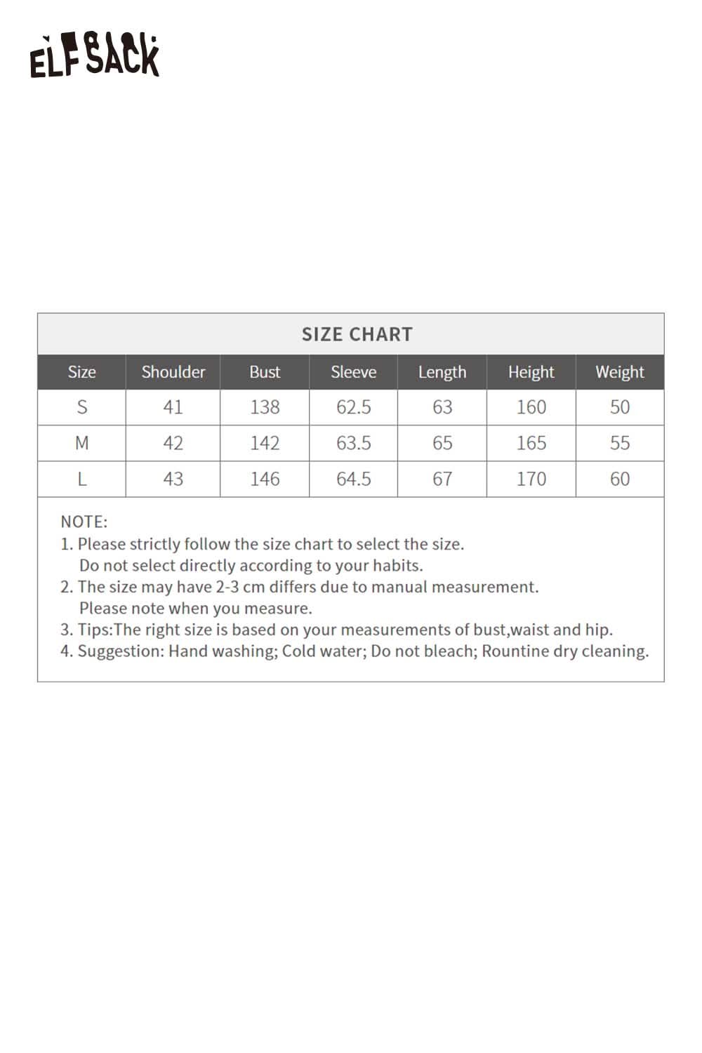 ELFSACK women's hooded down jacket size chart with measurements in inches and guidance for selecting size