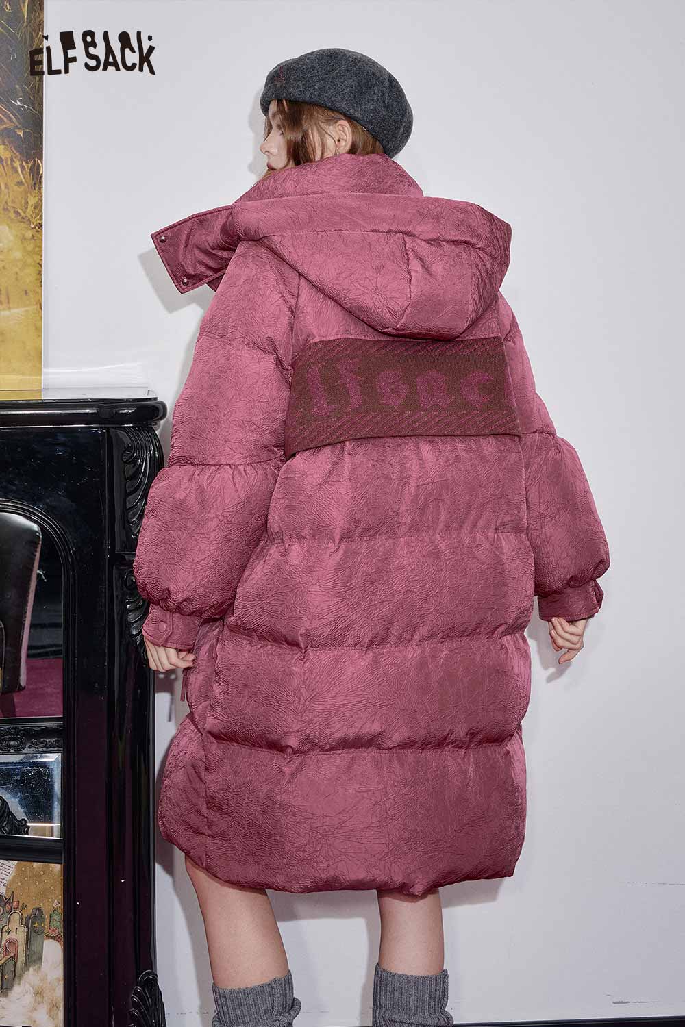 ELFSACK women's hooded puffer coat in burgundy with a stylish oversized fit for warmth and comfort