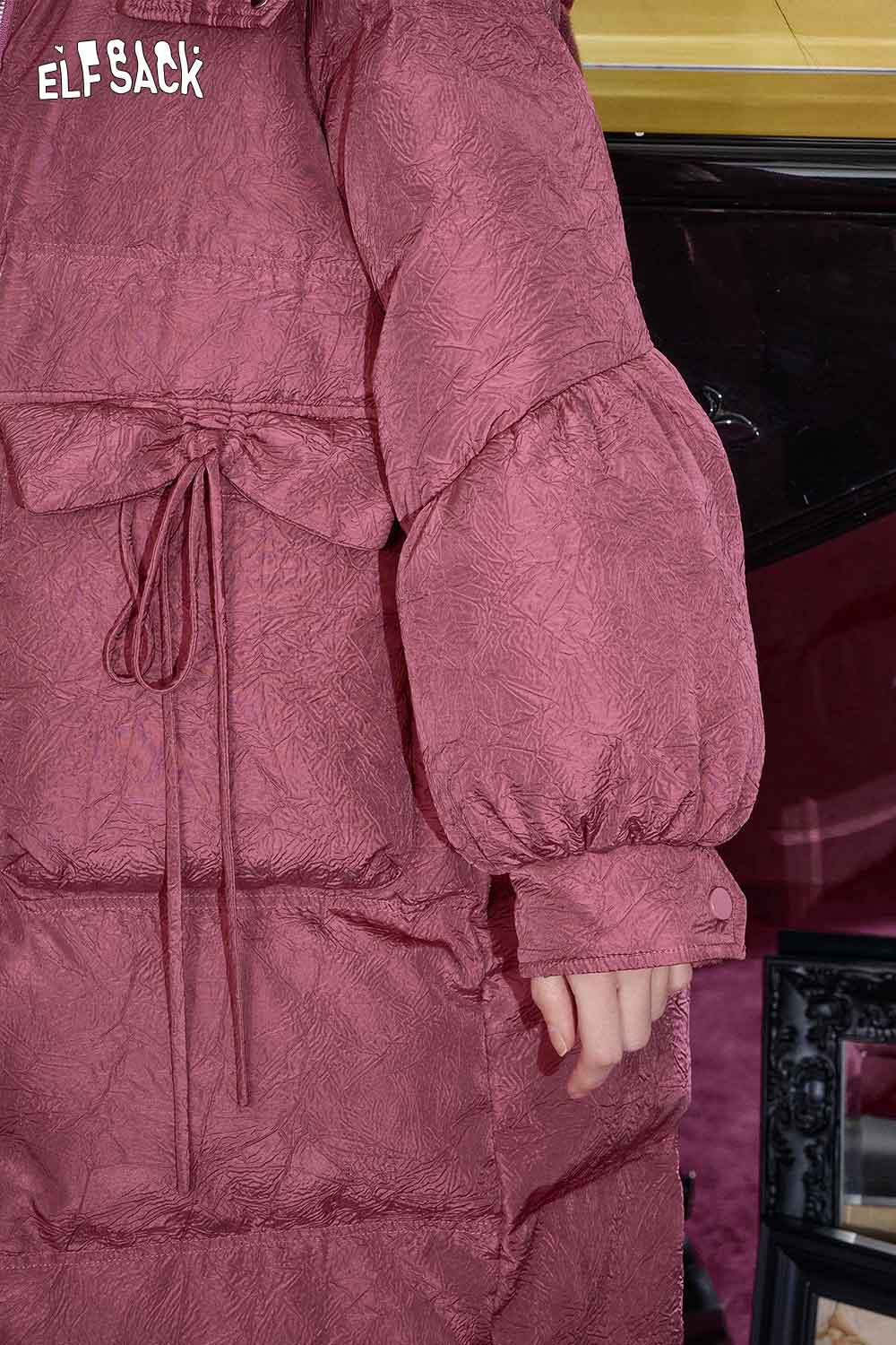 ELFSACK women's hooded puffer coat in burgundy with bow detail on sleeves for stylish warmth