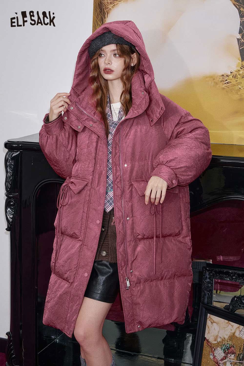 ELFSACK women's hooded puffer coat in pink with oversized fit and drawstring detail for warmth