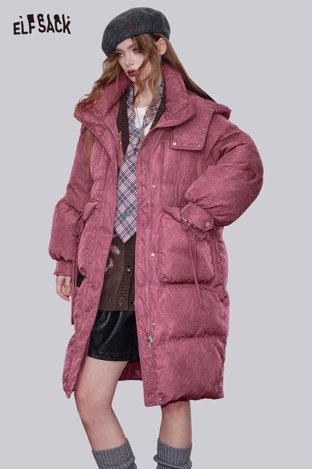 ELFSACK women's hooded puffer coat in pink with oversized pockets and cozy style for winter fashion