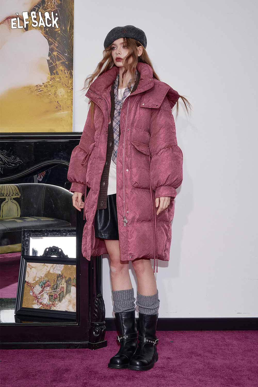 ELFSACK women's hooded puffer coat in pink, featuring a stylish design and cozy fit for chilly weather