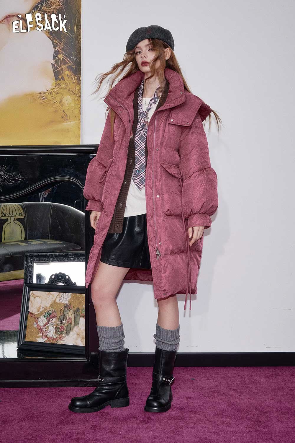 ELFSACK women's hooded puffer coat in pink with oversized design, perfect for winter fashion.