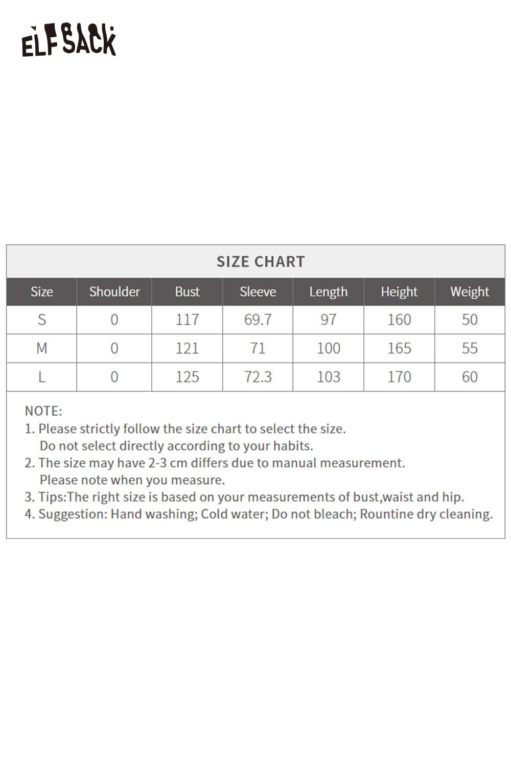 Size chart for ELFSACK women's hooded puffer coat with detailed measurements for small, medium, and large sizes