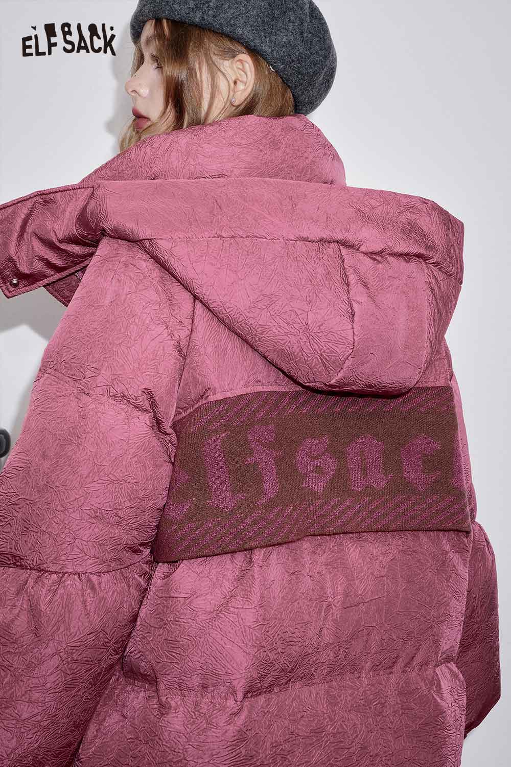 ELFSACK women's hooded puffer coat in burgundy with stylish textured design and oversized hood