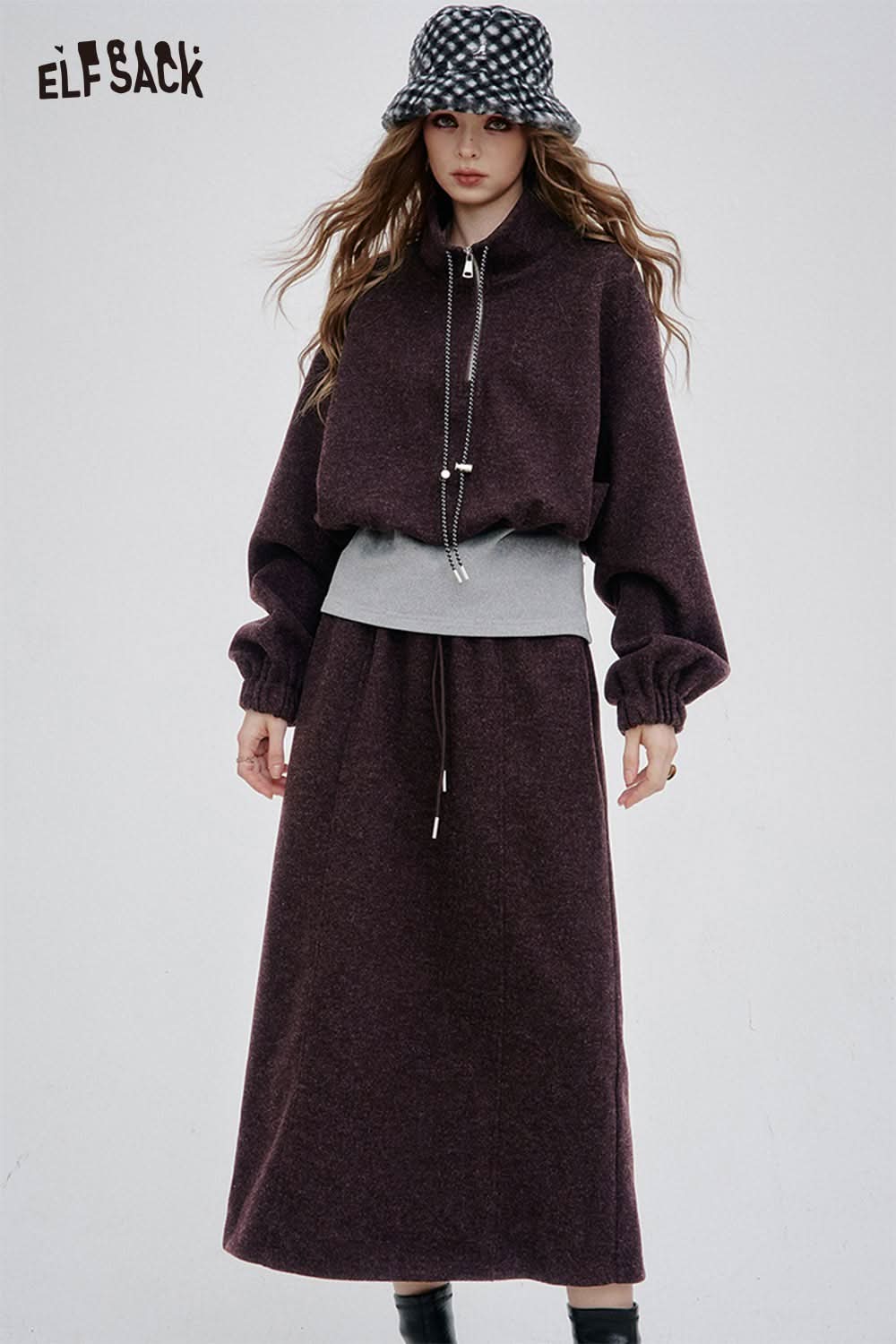 ELFSACK women's hoodie dress set in dark purple with a cozy design perfect for casual wear