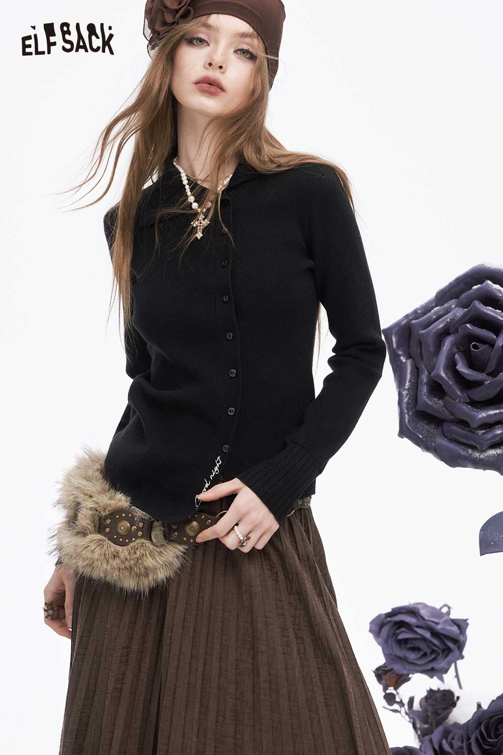 ELFSACK women's irregular button knit sweater in black for stylish layering and comfort