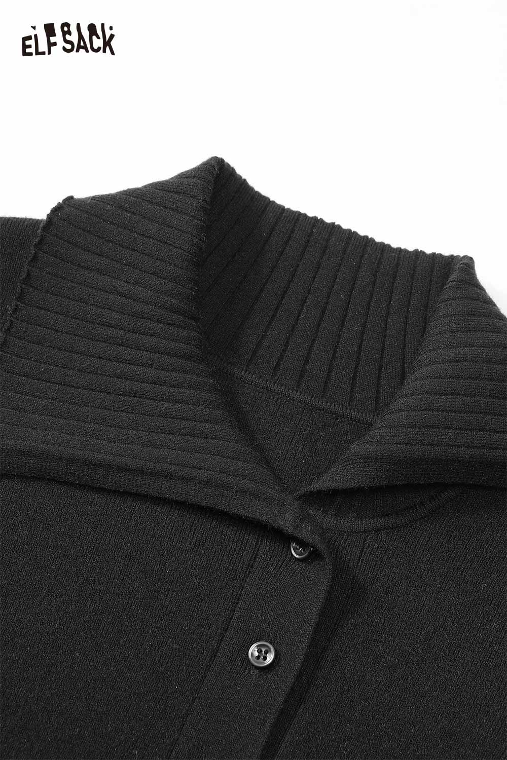 ELFSACK women's irregular button knit sweater featuring a ribbed collar in black