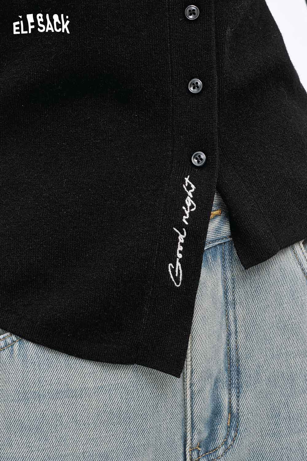 ELFSACK women's irregular button knit sweater in black with embroidered detail and stylish buttons