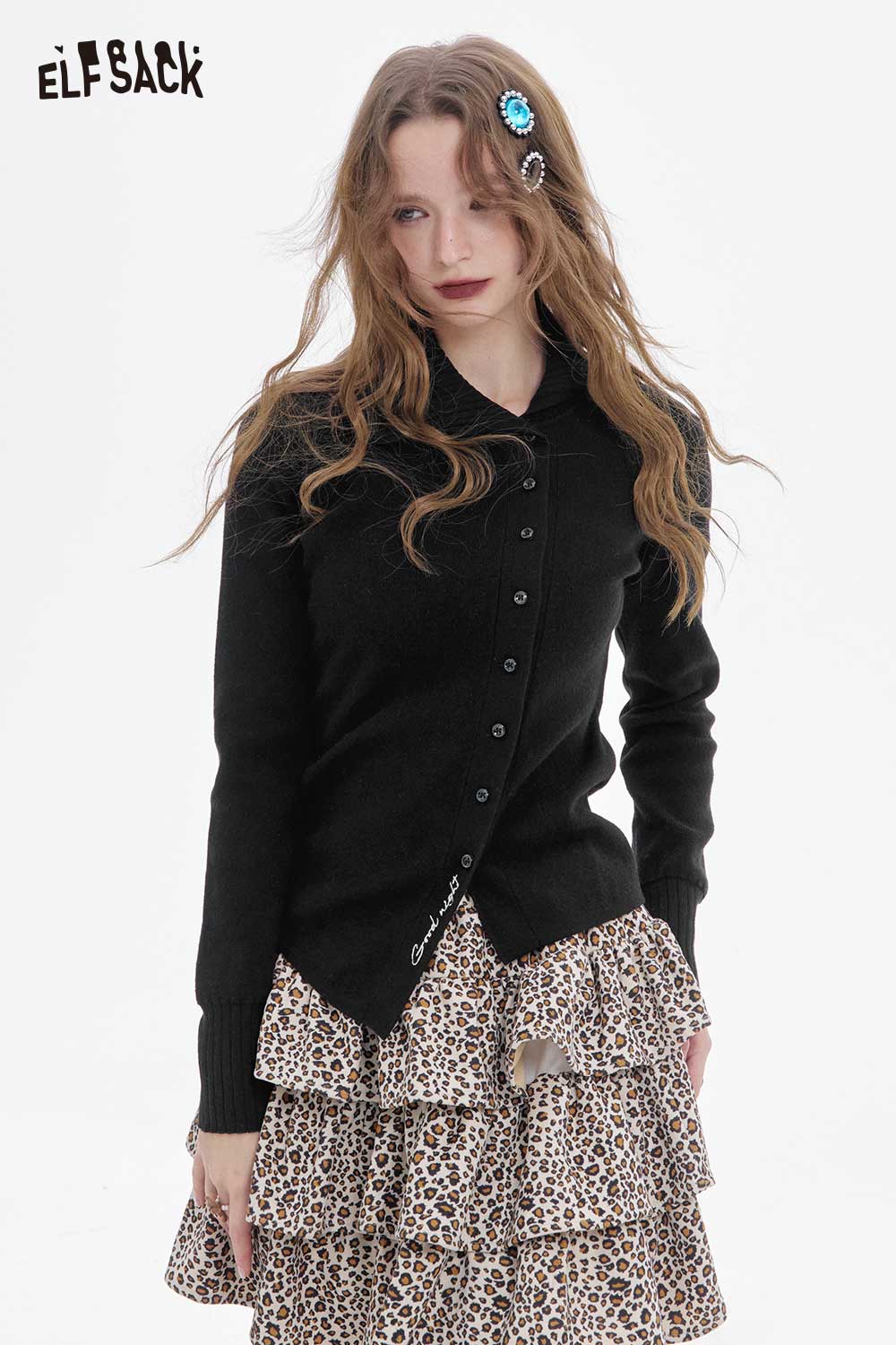 ELFSACK women's irregular button knit sweater in black with unique styling and a layered look