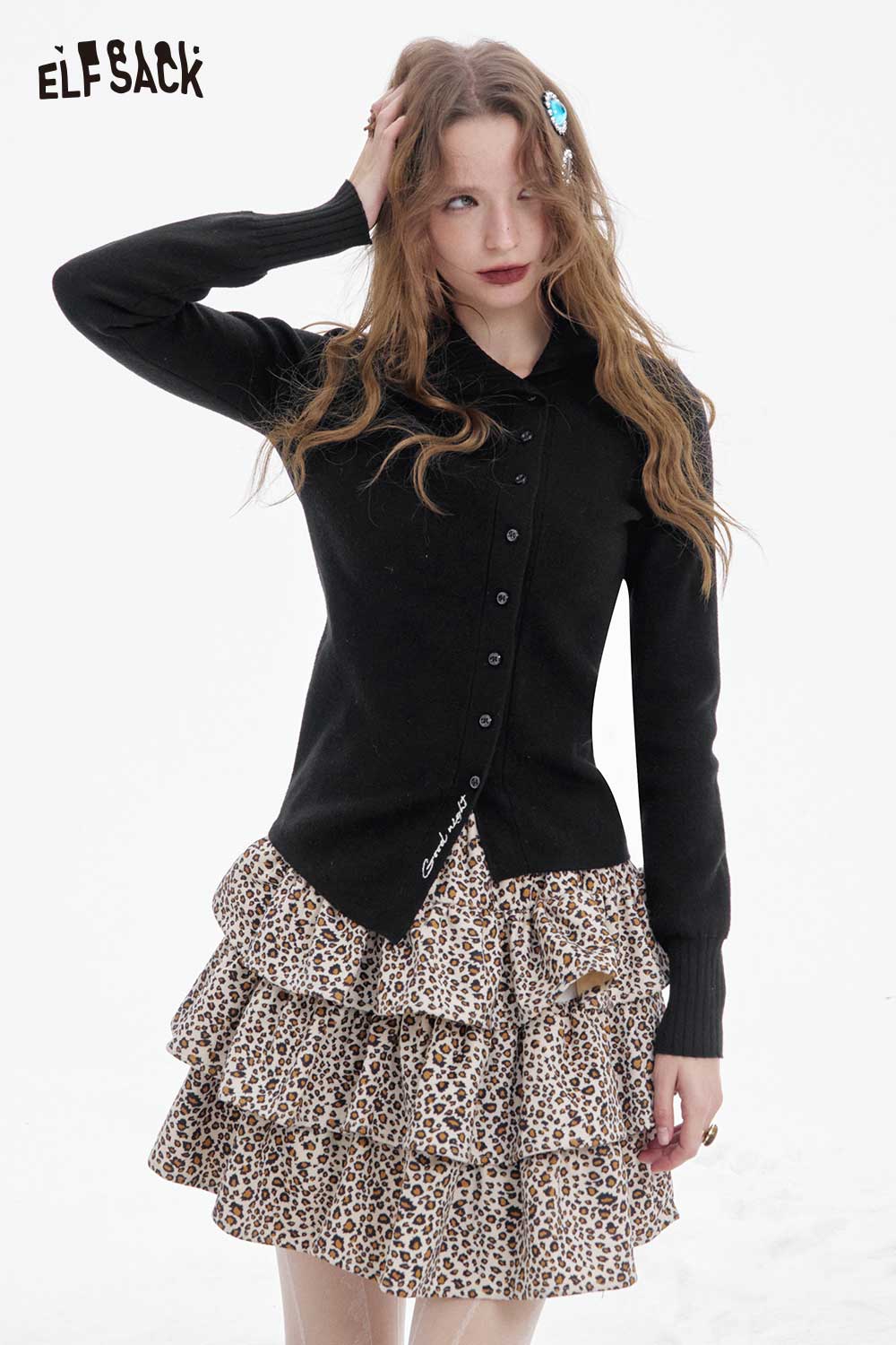 ELFSACK women's irregular button knit sweater in black paired with a leopard print ruffled skirt