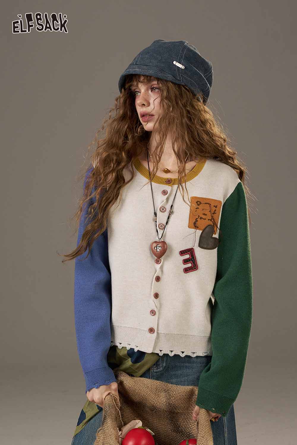 ELFSACK women's knitted jacket with colorful sleeves and playful patch designs for casual style