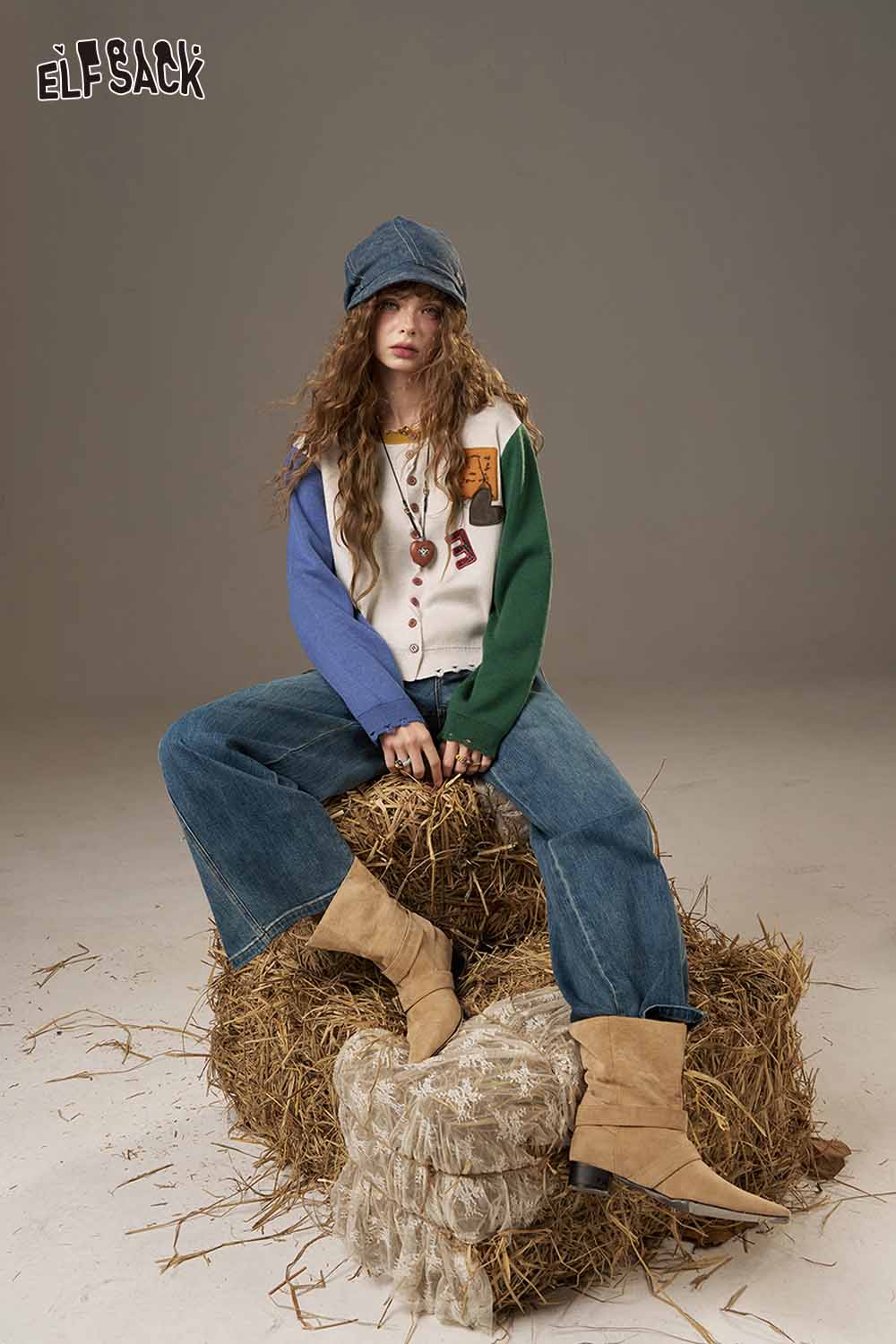 ELFSACK women's knitted jacket with colorful sleeves and button closure for a stylish look