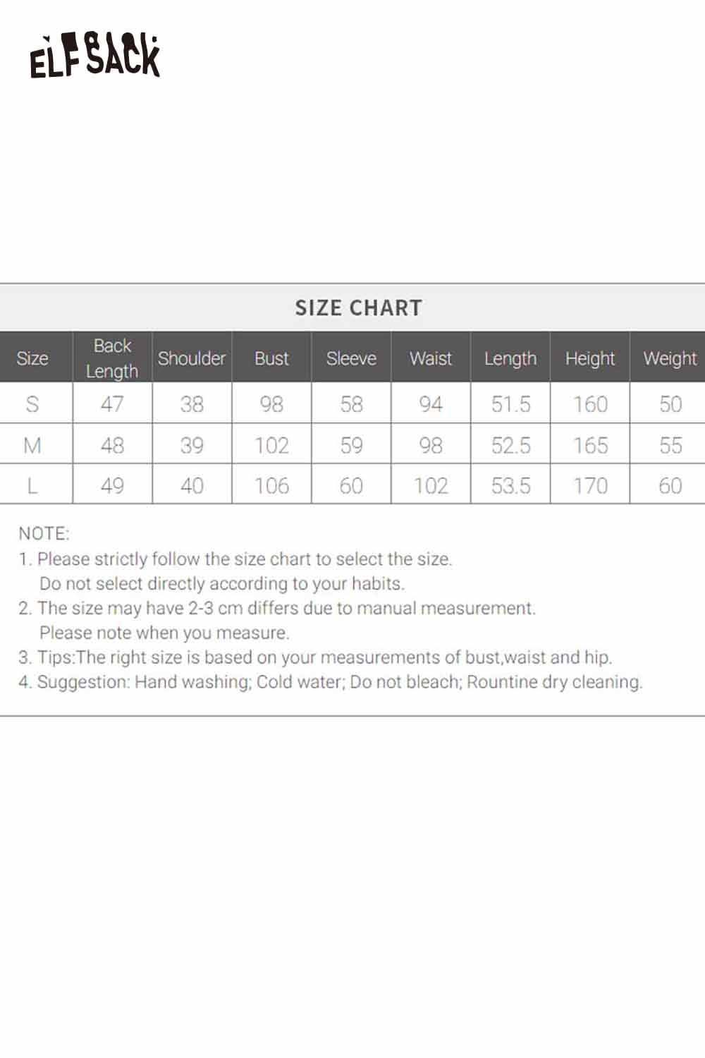 ELFSACK women's knitted jacket size chart with measurements for various sizes and care instructions