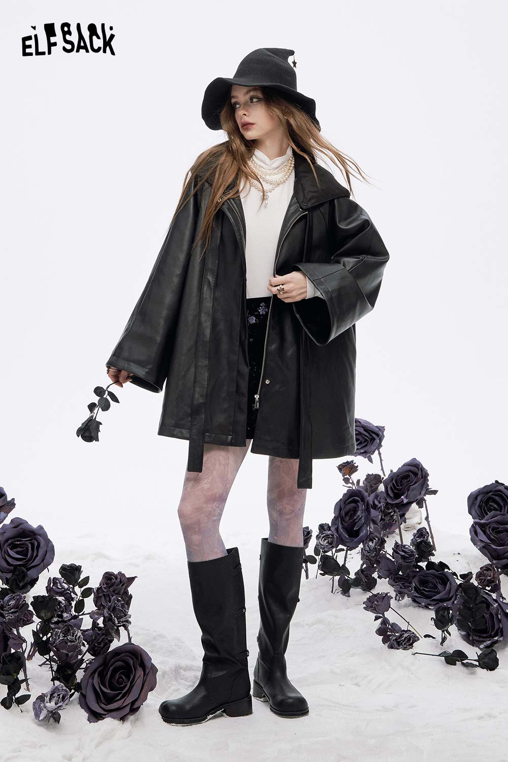 ELFSACK women's leather hooded coat in black, styled with a wide-brim hat and knee-high boots