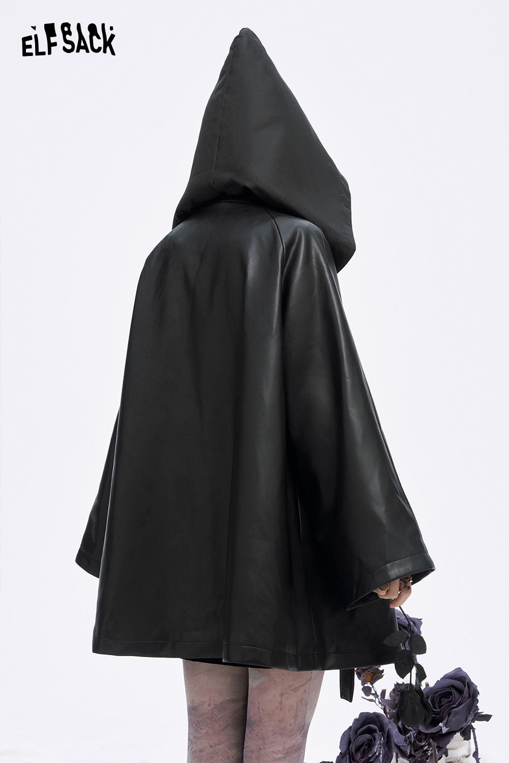 Back view of ELFSACK women's leather hooded coat featuring a large hood and stylish design